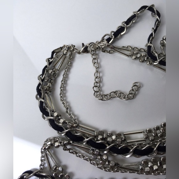 Multi-strand Silver Tone & Black Suede Ribbon Chain Necklace 37” - Picture 7 of 8